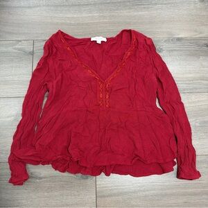 Bohemian Flowy Bardot Crimson V-Neck Peasant Tunic